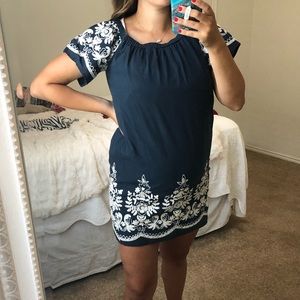 Navy Dress with White Floral Embroidery